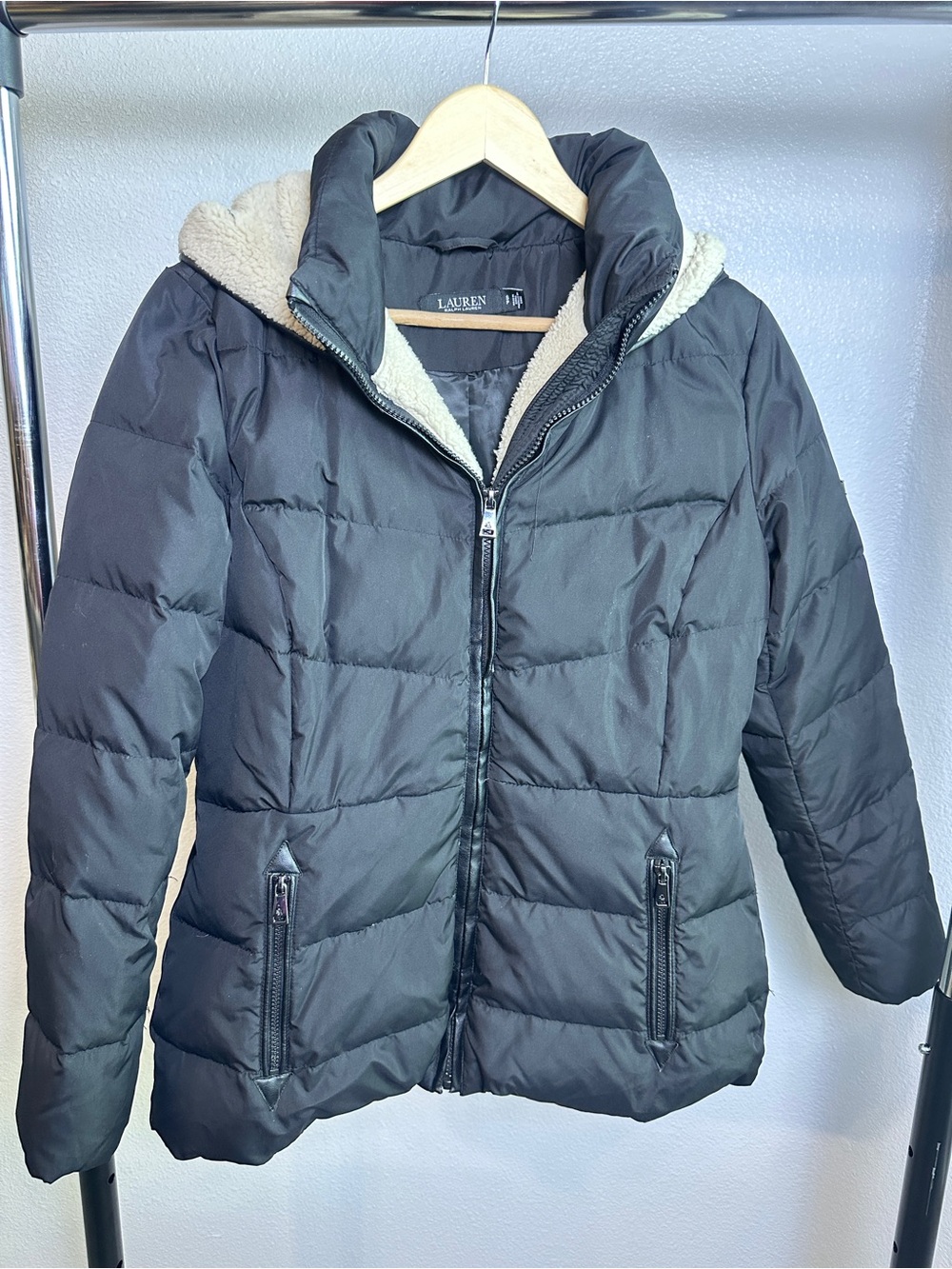 Lauren Ralph Lauren Women's Black Hooded Down Puffer Jacket Faux Fur Trim SM